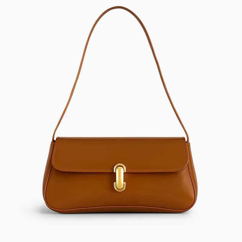 Bolsa baguete feminina caramelo, vista frontal. A foto em estúdio destaca o acabamento verniz e o encaixe metálico do fecho