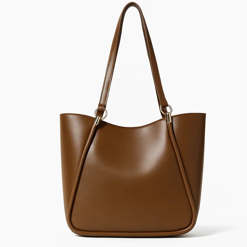 Bolsa de ombro feminina marrom (castanho), vista frontal. A foto em estúdio destaca o design curvado, as alças duplas e o estilo elegante.