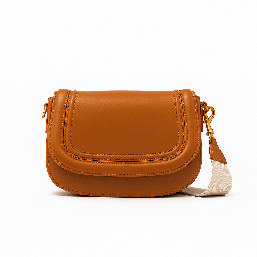 Bolsa de ombro feminina marrom Florence da Rozze. Vista frontal em estúdio, destacando o design elegante com aba arredondada, alça grossa removível e o acabamento em couro PU.