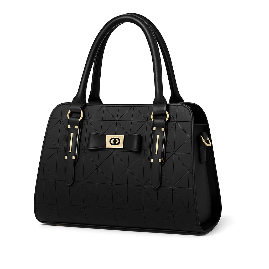 Bolsa de ombro feminina preta da Rozze, vista frontal em estúdio. A foto destaca o design clássico, a textura de couro sintético, o detalhe de laço e a alça dupla.