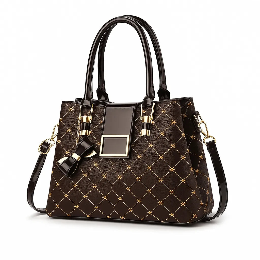 Bolsa de ombro preta clássica de luxo, vista frontal, destacando design em couro sintético premium e lenço decorativo