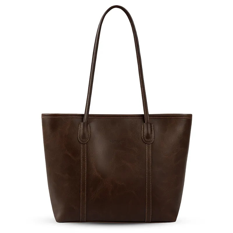 Bolsa tote feminina marrom escuro da Rozze, vista frontal. A foto em estúdio destaca o design quadrado clássico e as alças de punho duplo.