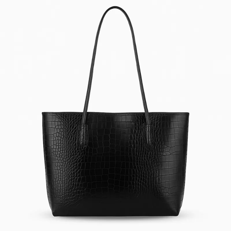 Bolsa tote feminina preta da Rozze, vista frontal. A foto em estúdio destaca a textura croco e o design de alta capacidade com alças de punho duplo.