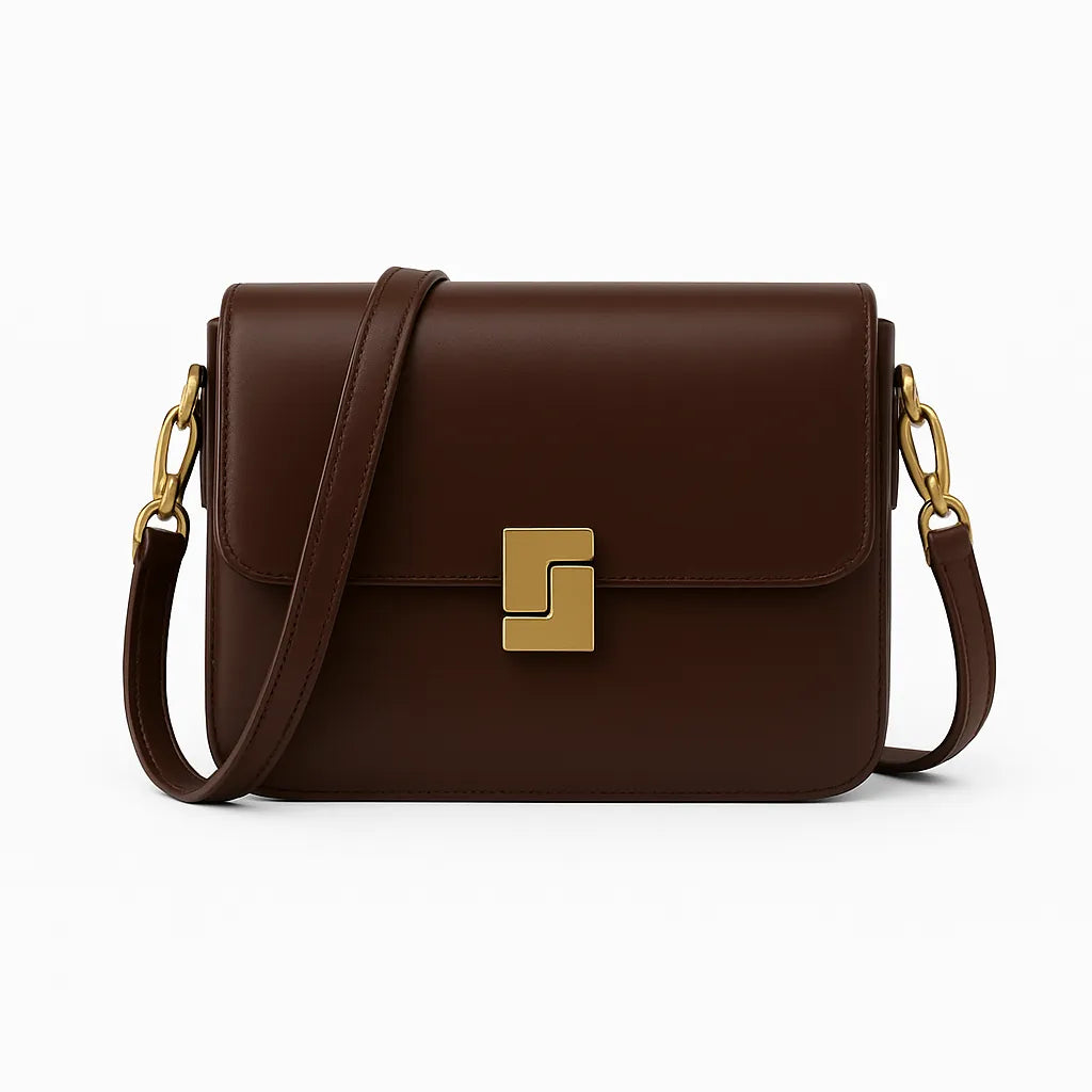 Bolsa transversal de couro legítimo marrom, vista frontal. A foto destaca o design quadrado com estrutura rígida, o fechamento metálico dourado e a alça ajustável.