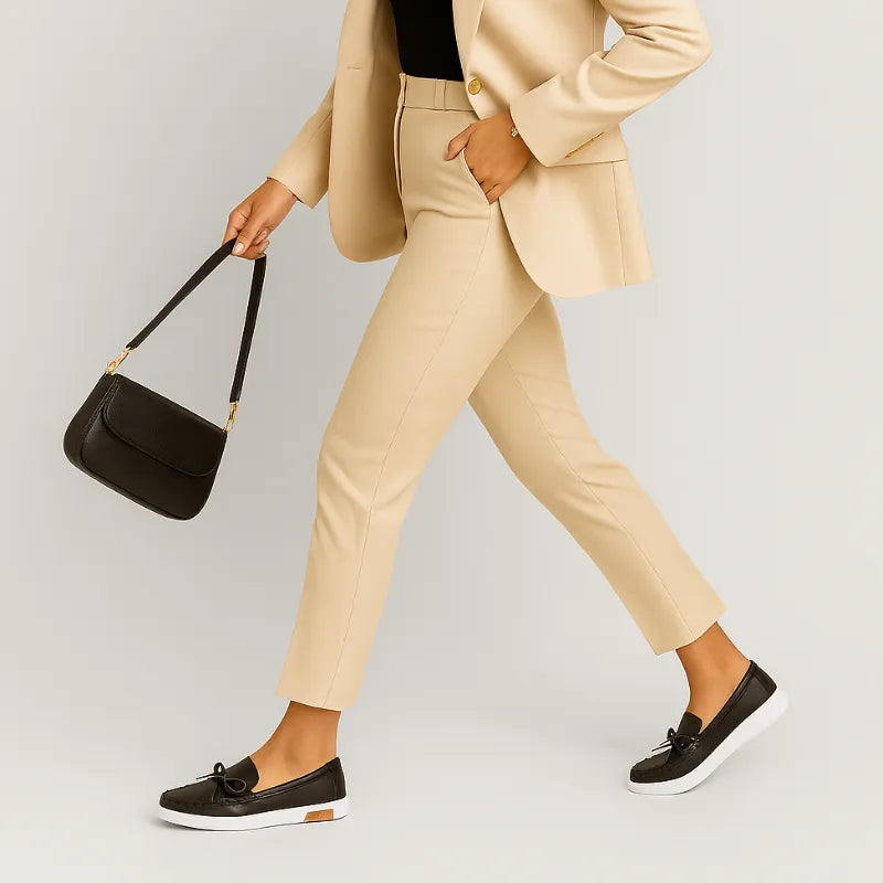 Mocassim preto com laço sendo usado por uma mulher em pé com pose casual, destacando praticidade.