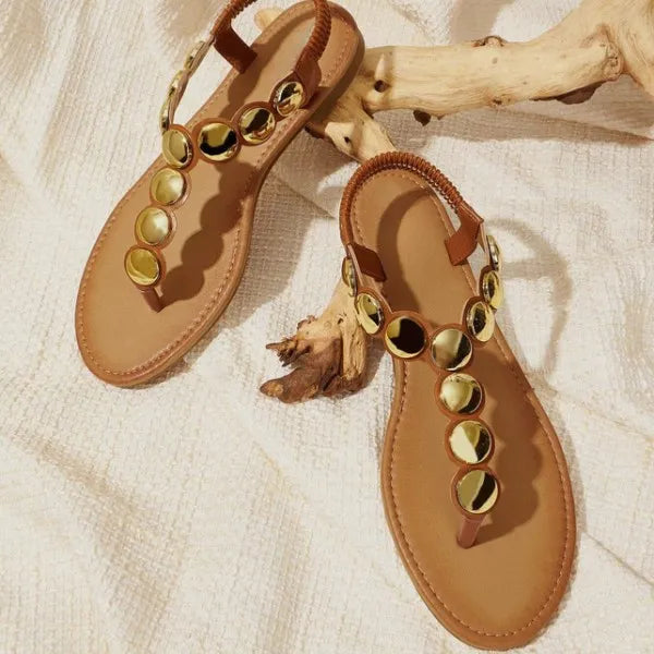 Par de sandálias rasteiras marrons Slim com Discos da Rozze. A foto em ambiente externo destaca o estilo de verão e os detalhes dourados dos discos.