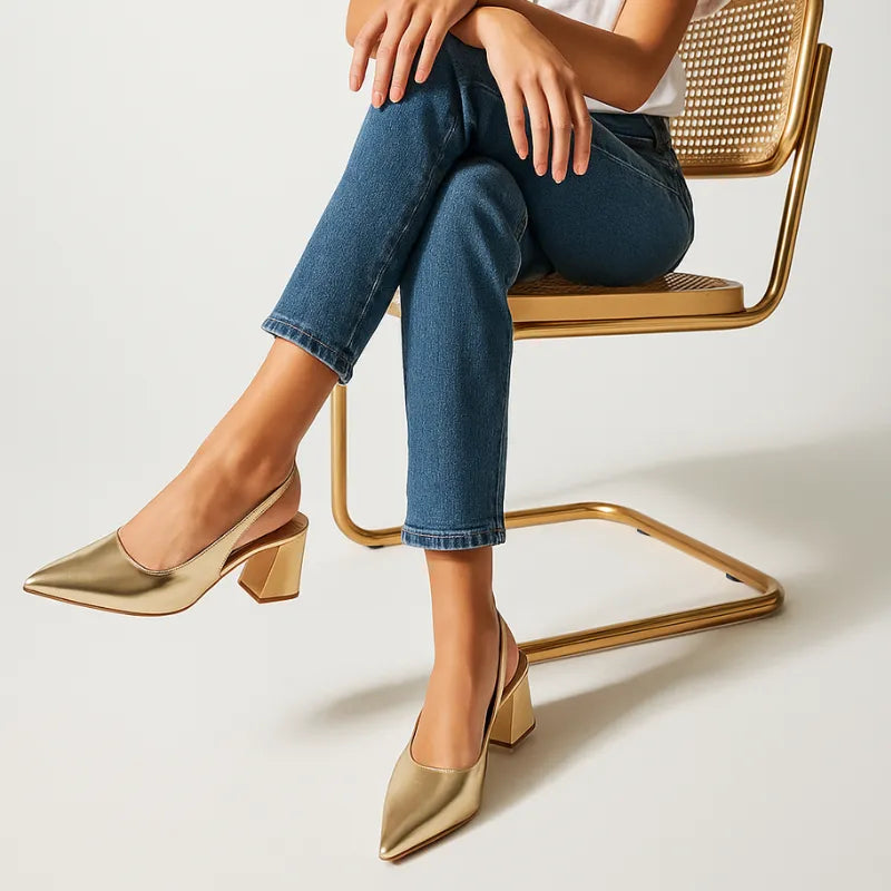 Scarpin Dourado Slingback Salto Bloco - Rozze