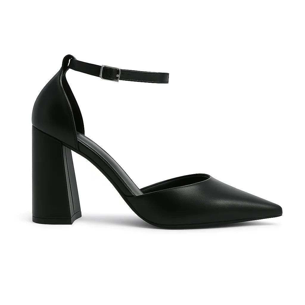 Scarpin feminino preto com bico fino e salto chunky da Rozze. Vista lateral em estúdio, destacando o salto bloco de 9 cm e a tira ajustável no tornozelo com fivela.