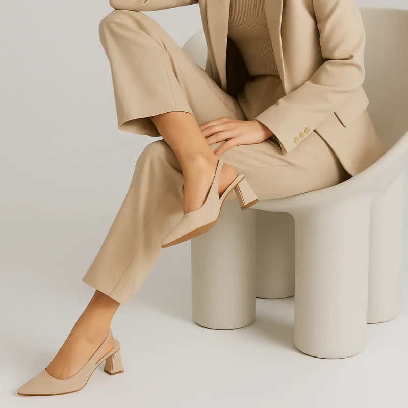 Modelo usando o scarpin slingback em camurça, sentada. A imagem mostra o calçado em uso, complementando um look monocromático em tons claros.