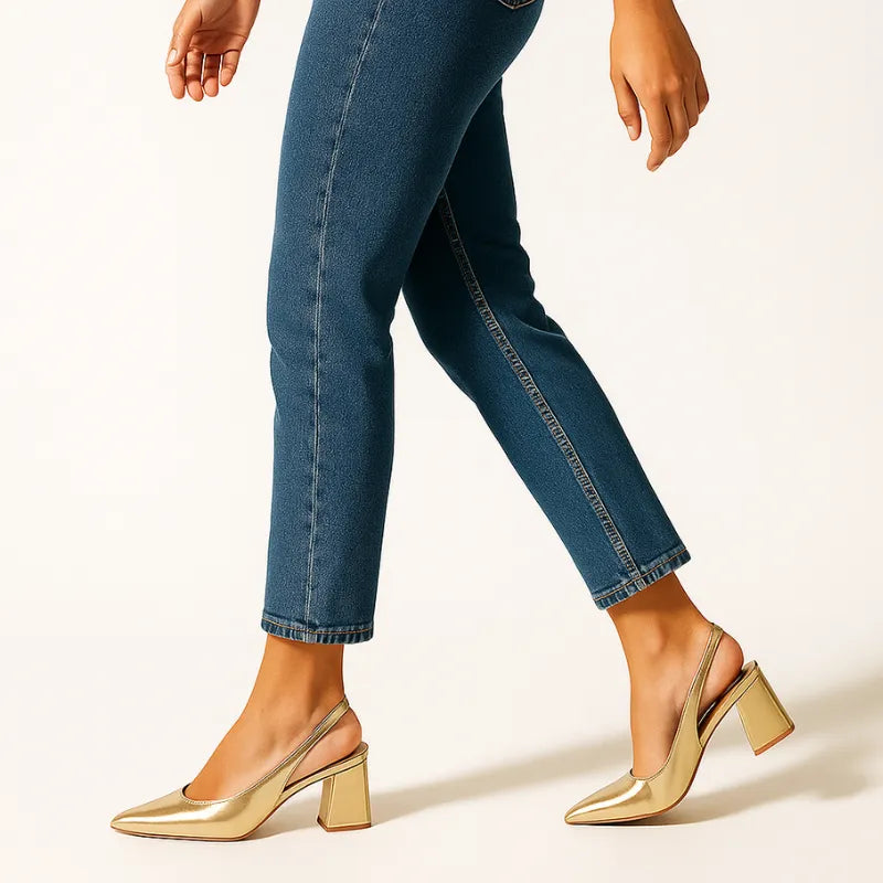 Scarpin Dourado Slingback Salto Bloco - Rozze
