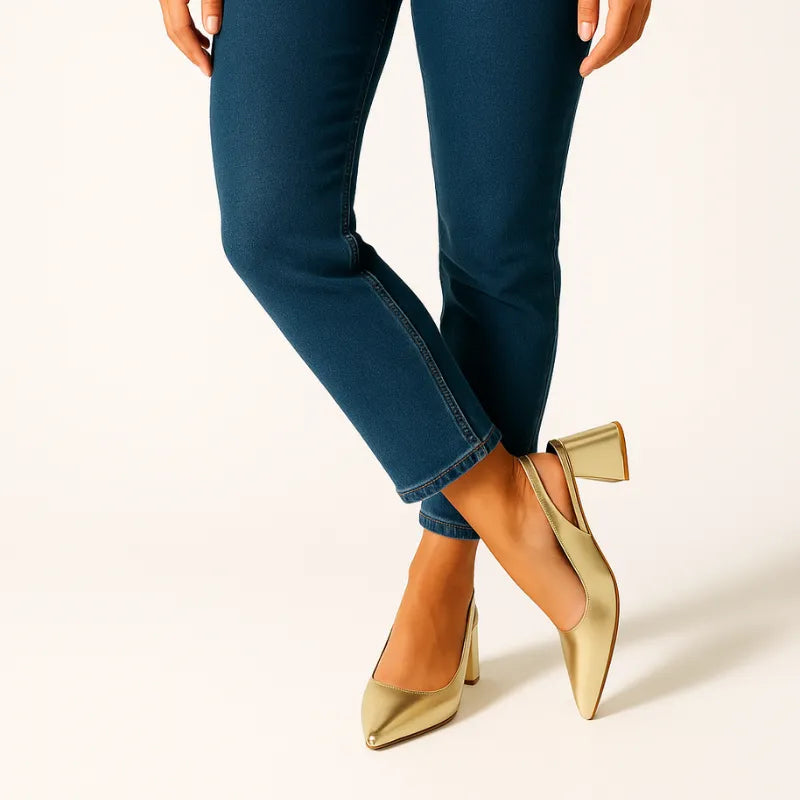 Scarpin Dourado Slingback Salto Bloco - Rozze