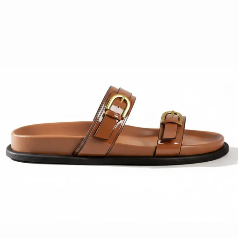 Papete marrom com dupla fivela dourada vista de lado.