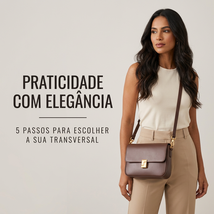 Mulher usando bolsa transversal de couro marrom Rozze, com o texto Praticidade com elegância