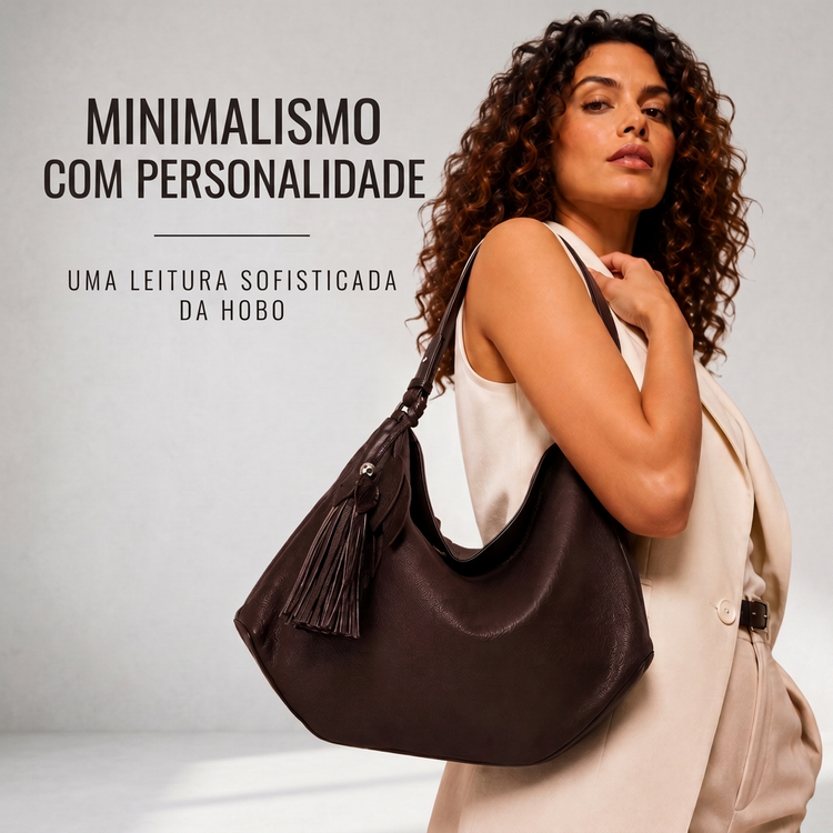 Mulher com bolsa hobo de couro marrom no ombro, com o texto Minimalismo com personalidade
