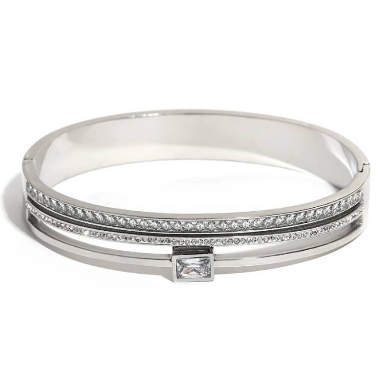 Bracelete Feminino Brilhante de Aço com Zircônia