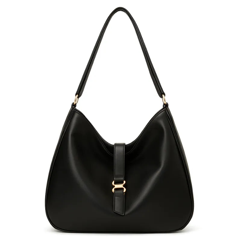 Bolsa hobo feminina preta, vista frontal. A foto em estúdio destaca o design ajustável e leve, com o detalhe de fivela na parte inferior.