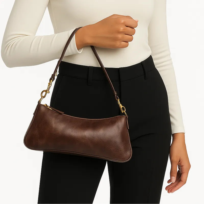 Modelo usando a bolsa de ombro baguete marrom. A imagem realça o estilo casual e o tamanho compacto do acessório.