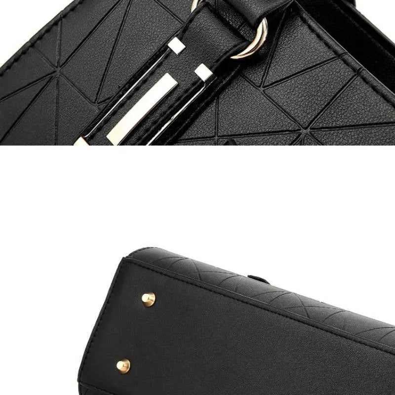 Bolsa de ombro preta Charme Clássico da Rozze, vista por diferentes ângulos (frente, lado e base). A imagem oferece uma visão completa do produto.