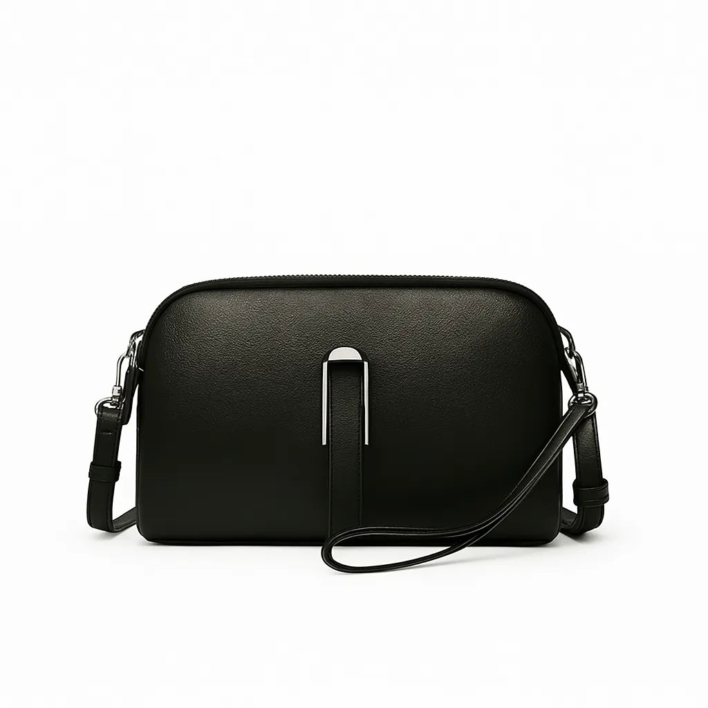 Bolsa preta transversal de couro sintético vista frontal