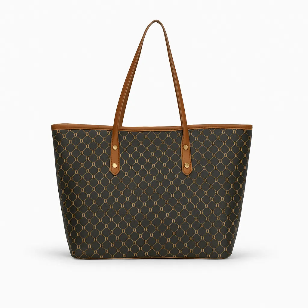 Bolsa tote feminina Laurent da Rozze, vista frontal em estúdio. A foto destaca a estampa clássica com monograma, as alças de ombro marrons e o design amplo e elegante.