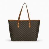 Bolsa tote feminina Laurent da Rozze, vista frontal em estúdio. A foto destaca a estampa clássica com monograma, as alças de ombro marrons e o design amplo e elegante.