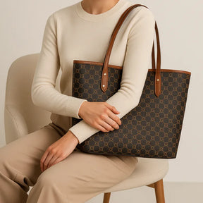 Modelo usando a bolsa tote bag Laurent da Rozze, sentada. A imagem mostra o acessório em uso, realçando seu tamanho e a praticidade para looks de trabalho ou casuais.