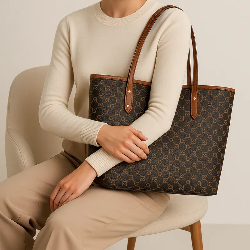 Modelo usando a bolsa tote bag Laurent da Rozze, sentada. A imagem mostra o acessório em uso, realçando seu tamanho e a praticidade para looks de trabalho ou casuais.