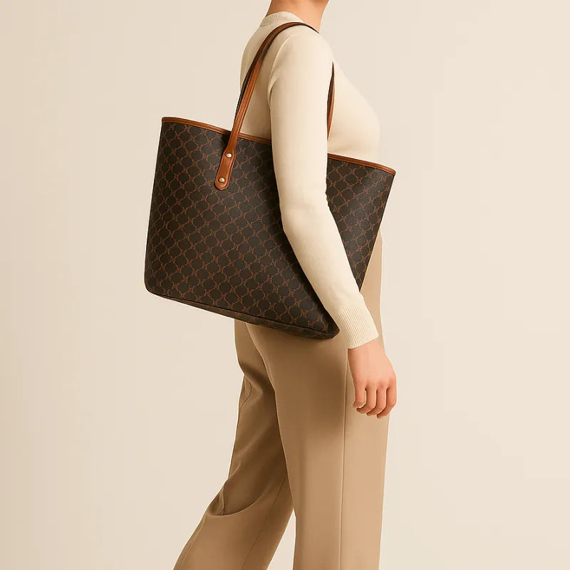 Modelo usando a bolsa tote bag Laurent da Rozze, em pé. A foto de perfil enfatiza a versatilidade do acessório e o seu caimento ao corpo.