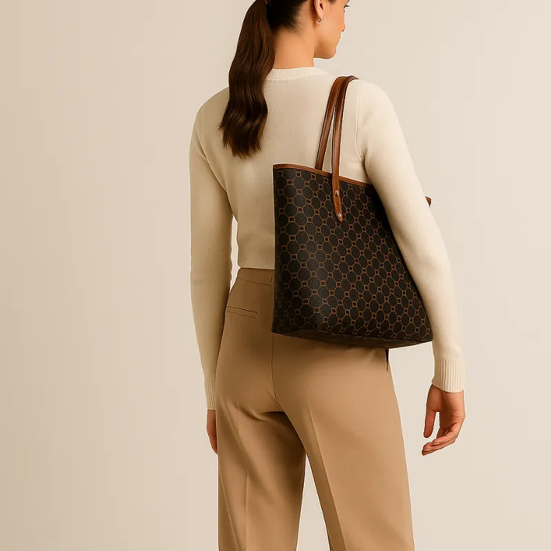 Vista traseira da modelo usando a bolsa tote bag Laurent da Rozze. A imagem realça o design do acessório e a forma como a alça se ajusta ao ombro.