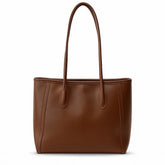 Bolsa tote feminina caramelo (castanho) da Rozze, vista frontal. A foto em estúdio destaca o design estruturado e as alças de punho duplo.