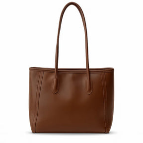 Bolsa tote feminina caramelo (castanho) da Rozze, vista frontal. A foto em estúdio destaca o design estruturado e as alças de punho duplo.