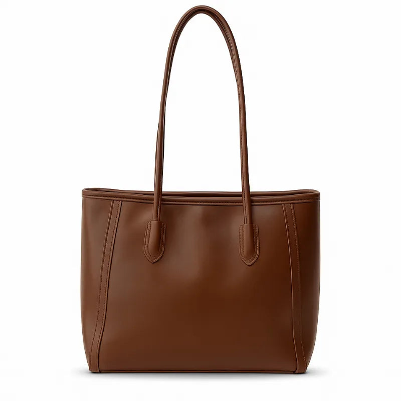 Bolsa tote feminina caramelo (castanho) da Rozze, vista frontal. A foto em estúdio destaca o design estruturado e as alças de punho duplo.