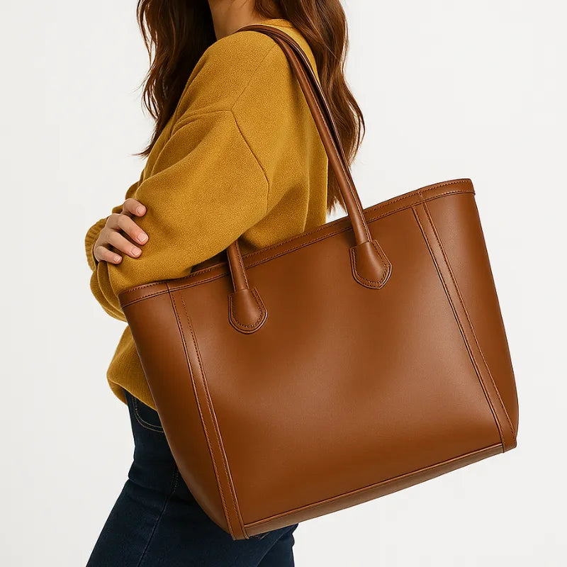 Modelo usando a bolsa tote caramelo. A imagem mostra o acessório sendo carregado no ombro, realçando seu tamanho grande e estilo elegante.