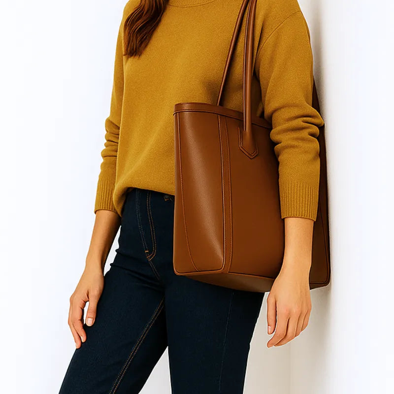 Modelo usando a bolsa tote caramelo em vista frontal. A foto realça a praticidade do acessório para o dia a dia e o material em Couro PU.