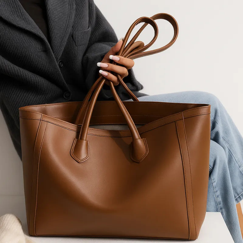 Vista da bolsa tote caramelo com o topo cinzado por amarração. A imagem destaca a versatilidade do fechamento e o visual elegante.