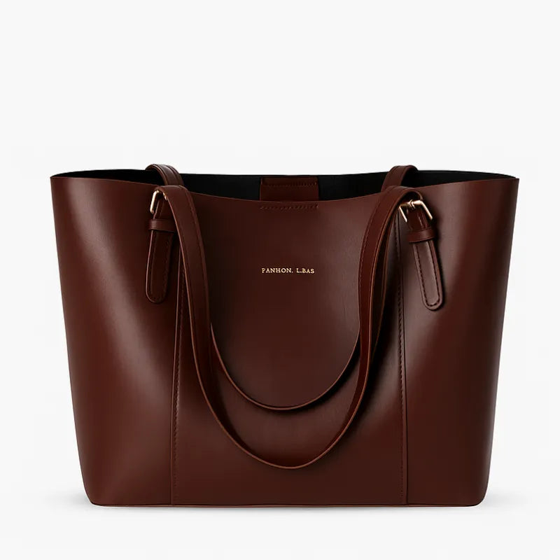 Bolsa tote feminina castanho (marrom) da Rozze, vista frontal. A foto destaca o design quadrado elegante, as alças de ombro e a alta capacidade interna.