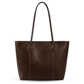 Bolsa tote feminina marrom escuro da Rozze, vista frontal. A foto em estúdio destaca o design quadrado clássico e as alças de punho duplo.