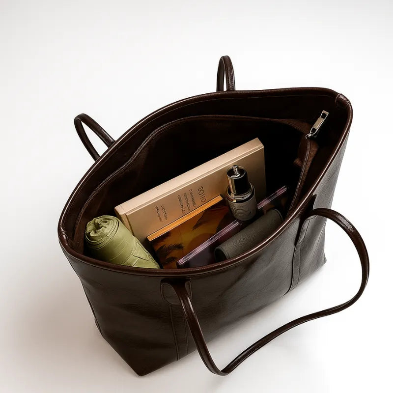 Vista superior da bolsa tote marrom escuro aberta. A foto revela o interior espaçoso, ideal para compras ou passeios, e o fechamento com zíper.