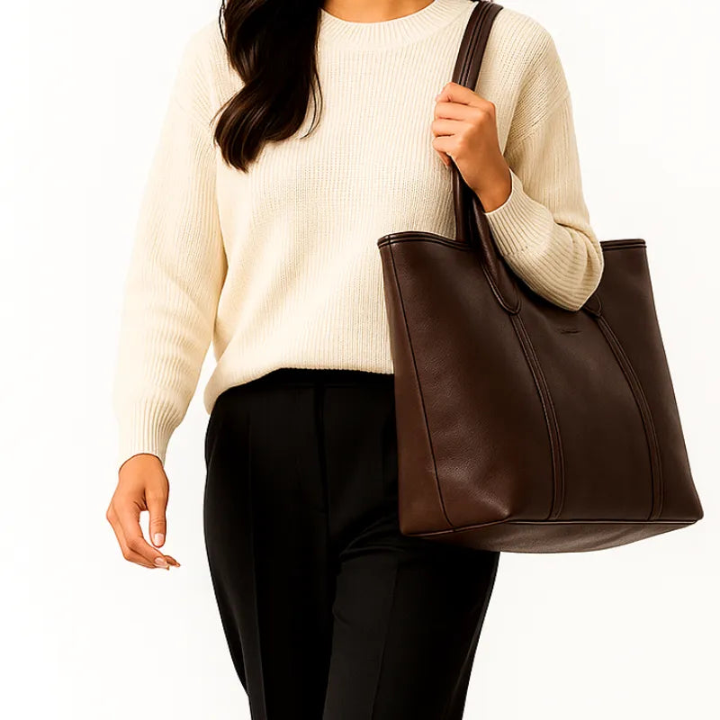 Modelo usando a bolsa tote marrom escuro. A foto em plano completo realça a elegância discreta e o caimento da bolsa ao corpo.