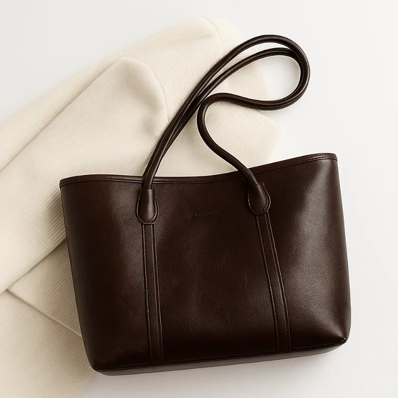 Vista superior da bolsa tote marrom escuro. A foto em close destaca o material e o detalhe das alças de punho duplo.