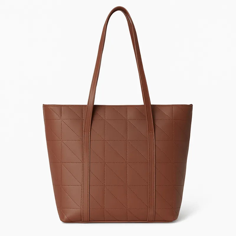 Bolsa tote feminina marsala da Rozze, vista frontal. A foto em estúdio destaca o padrão xadrez (geométrico) e o design tamanho grande com alças de punho duplo.