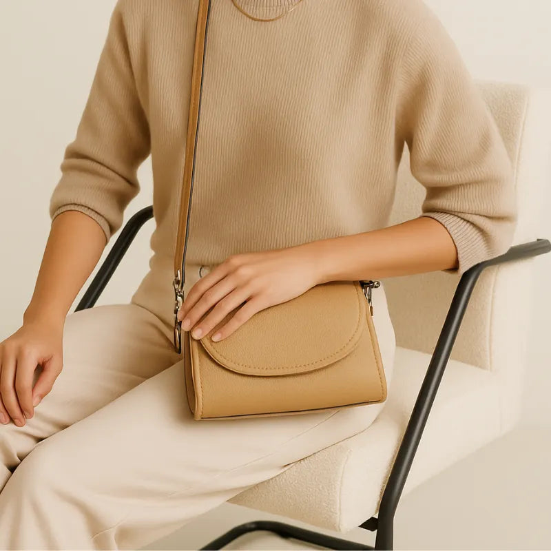 Mulher usando a Bolsa Transversal Stella Maris bege em um look casual elegante. A foto mostra o acessório a tiracolo, ideal para o dia a dia e para carregar itens essenciais.
