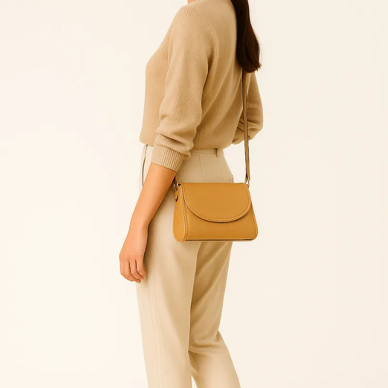 Vista traseira da mulher usando a Bolsa Transversal Bege Stella Maris, mostrando como o acessório se adapta ao corpo e completa a produção com um toque de classe.