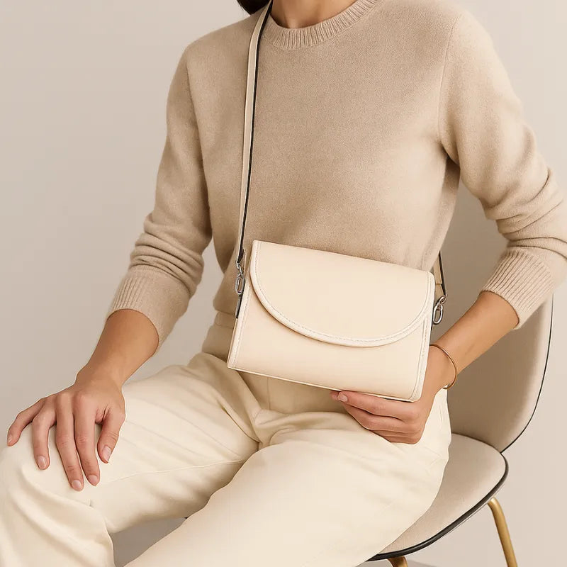 Mulher usando a bolsa transversal branca de couro Stella Maris em um look monocromático. A foto mostra o produto em uso, destacando seu tamanho e caimento no corpo