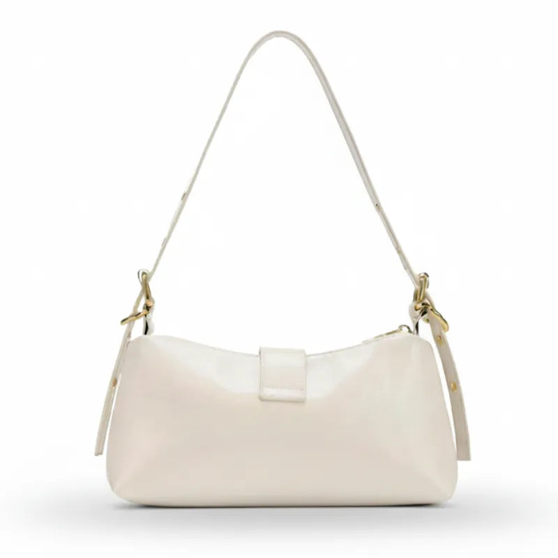 Vista traseira da bolsa de ombro branca. 