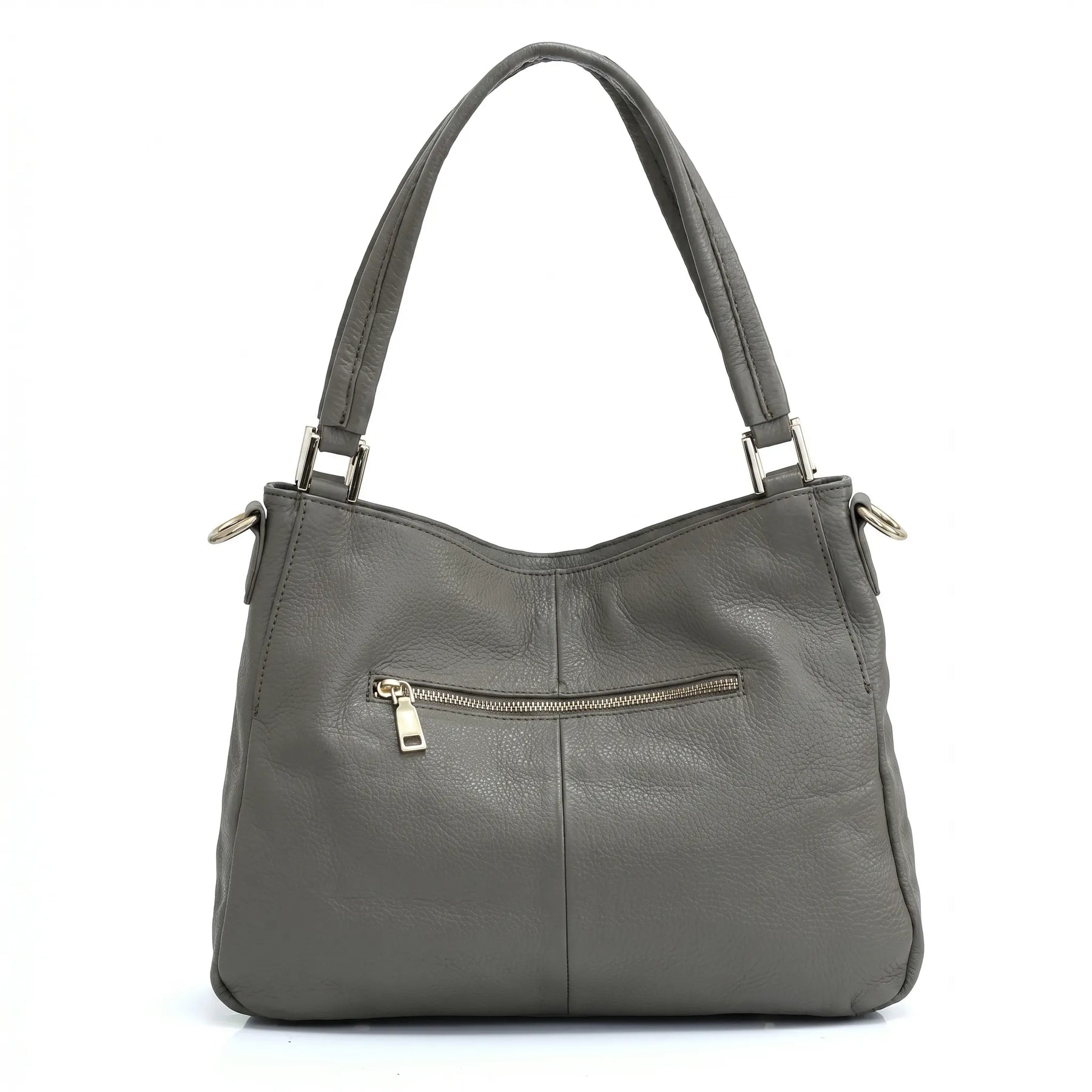 Bolsa hobo couro genuíno cinza retrô em vista frontal, com formato, alça e ferragens visíveis, sobre fundo claro