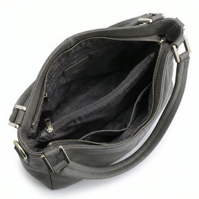 Bolsa hobo couro genuíno cinza retrô vista por trás, com estrutura, costuras e acabamento posterior, sobre fundo claro