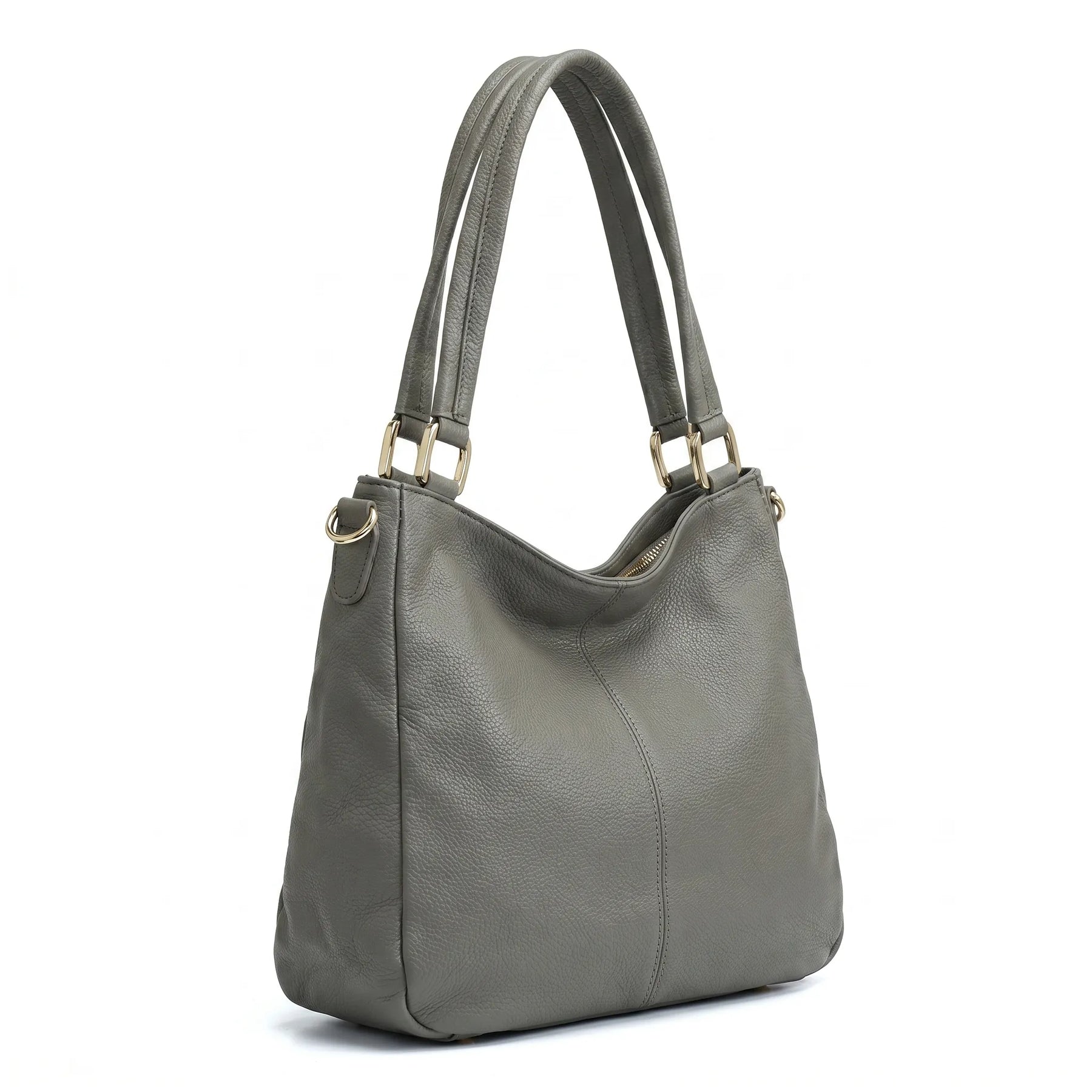 Bolsa hobo couro genuíno cinza retrô em vista lateral, com profundidade, alça e acabamento visíveis, sobre fundo claro