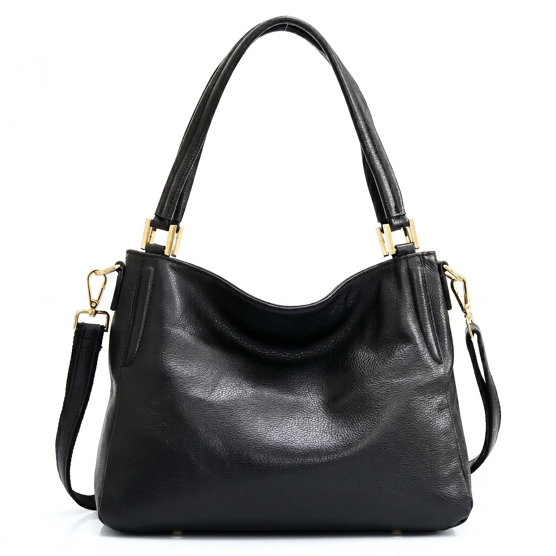 Bolsa hobo couro genuíno preta retrô em vista frontal, com formato, alça e ferragens visíveis, sobre fundo claro