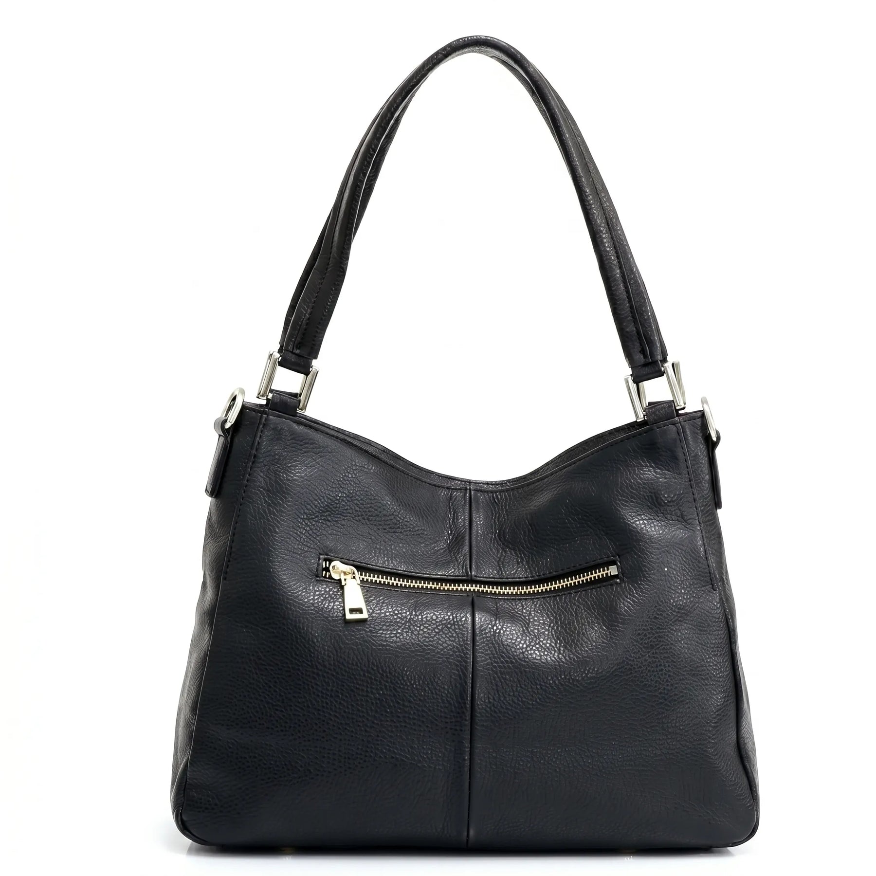 Bolsa hobo couro genuíno preta retrô vista por trás, com estrutura, costuras e acabamento posterior, sobre fundo claro